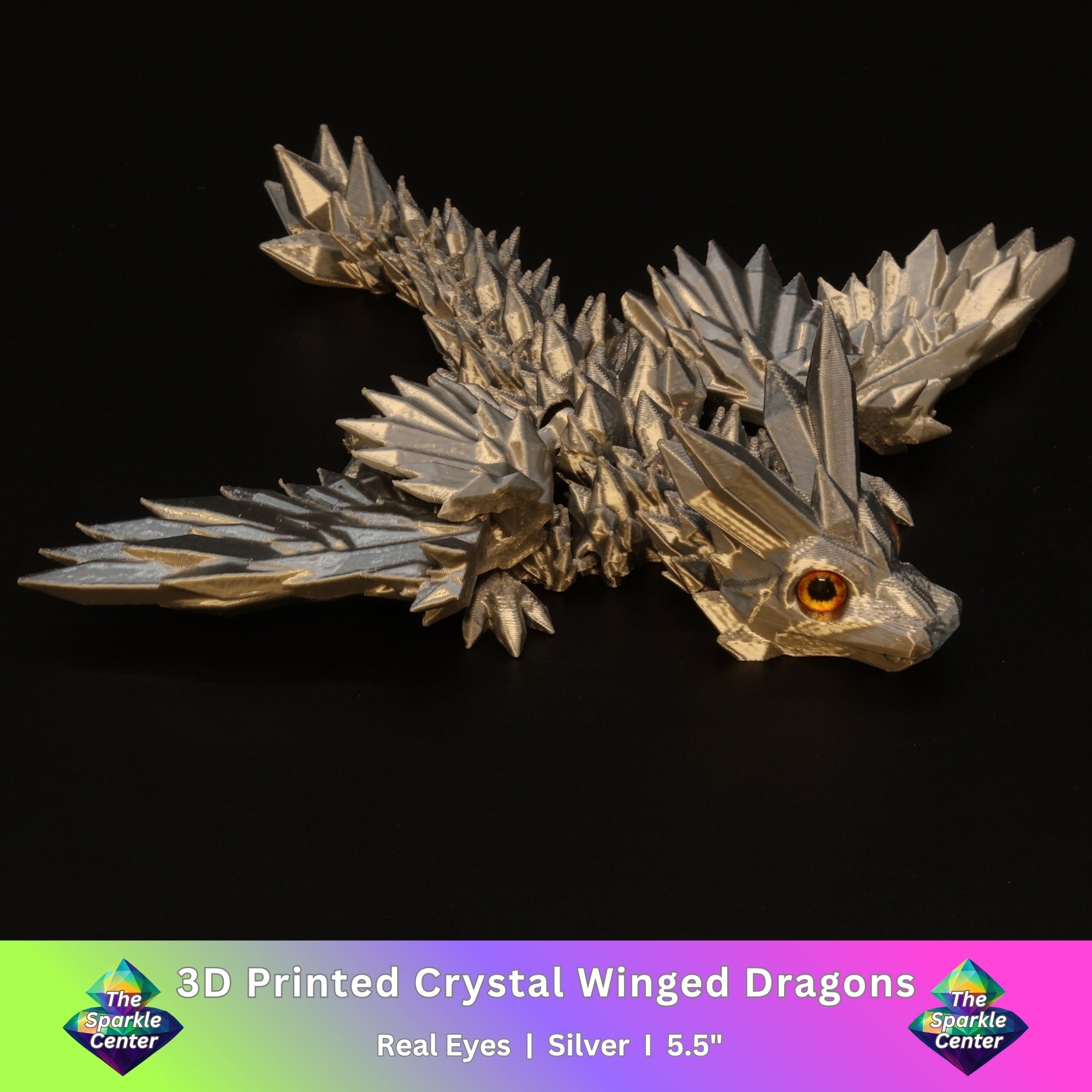 3D Printed Crystal-Winged Dragon w/ Real Eyes