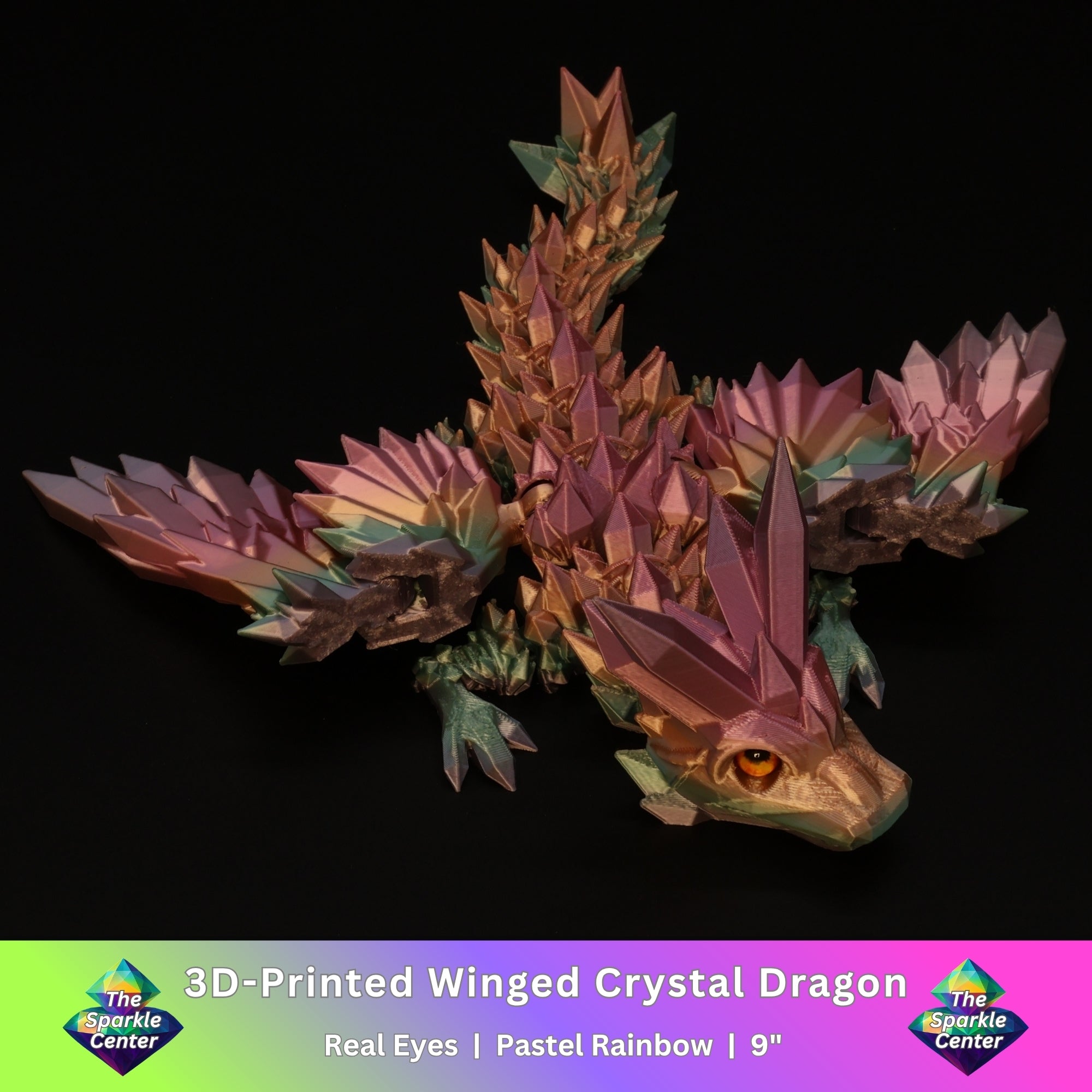 3D Printed Crystal-Winged Dragon w/ Real Eyes