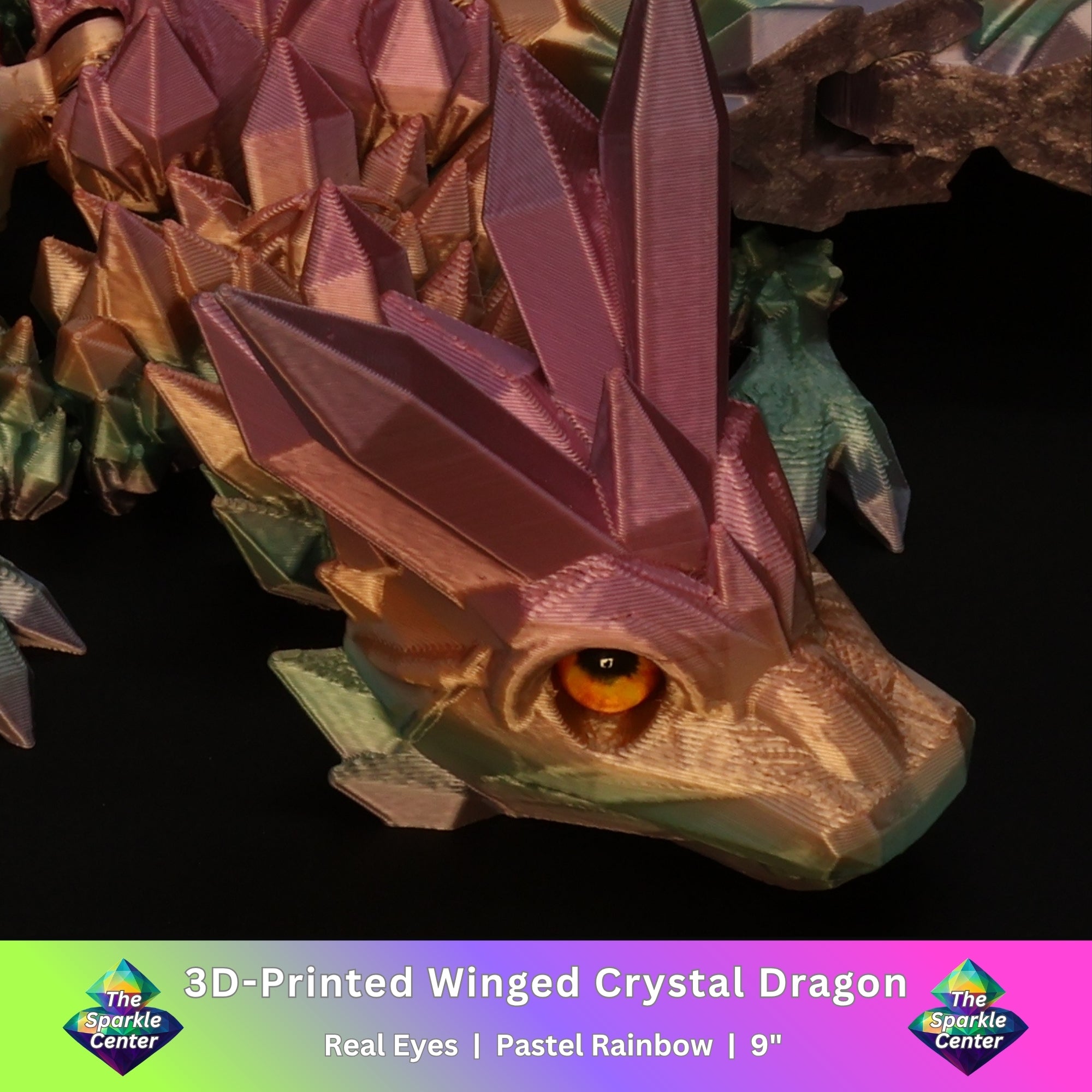 3D Printed Crystal-Winged Dragon w/ Real Eyes