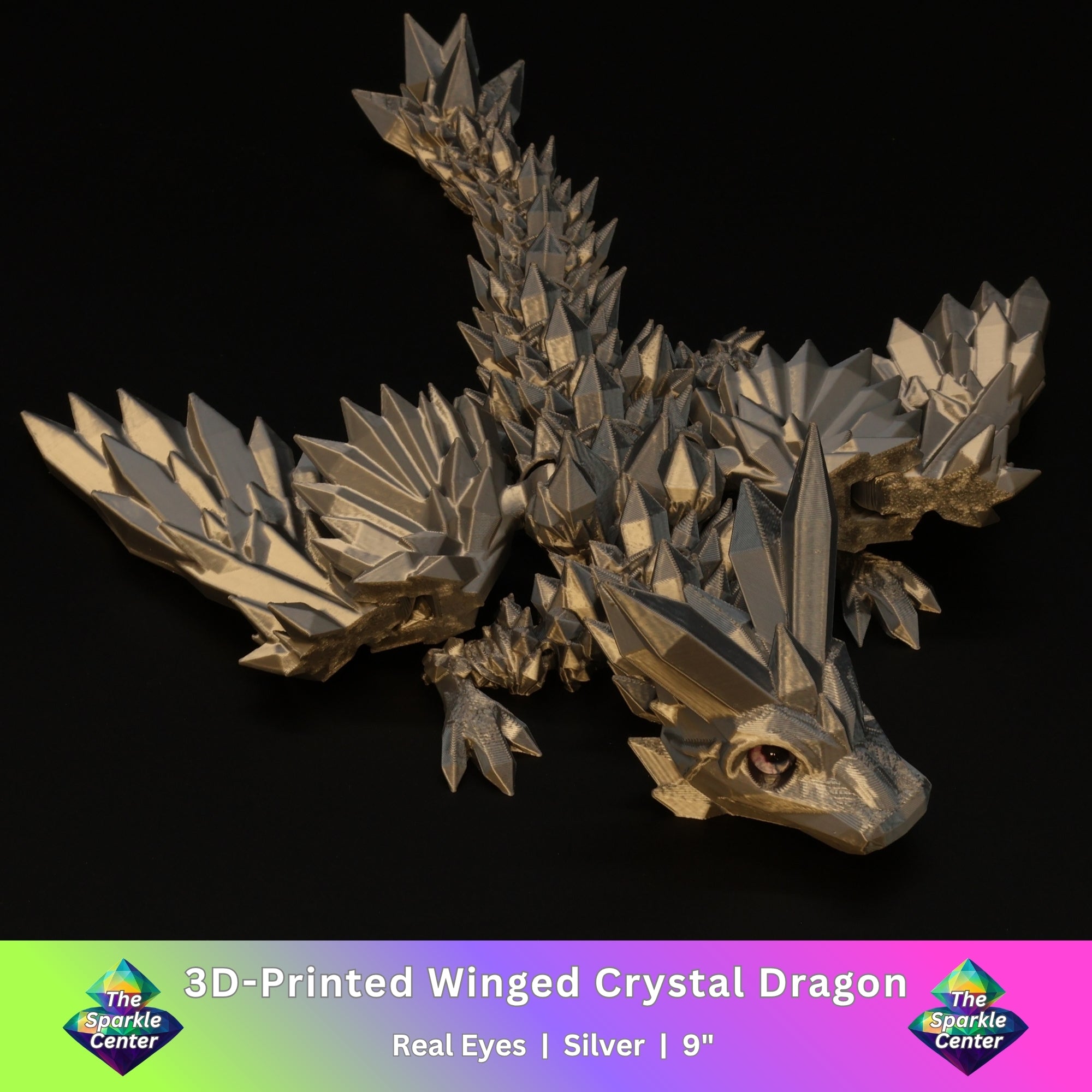 3D Printed Crystal-Winged Dragon w/ Real Eyes